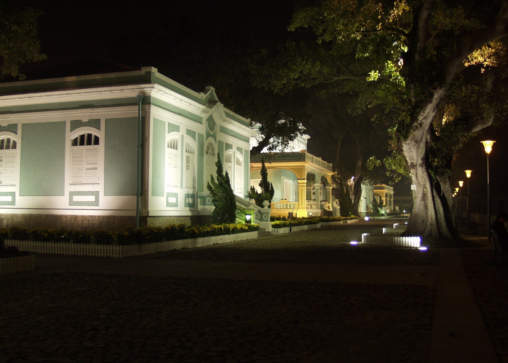 Historic buildings and tree-lined walkway in Taipa Village at night